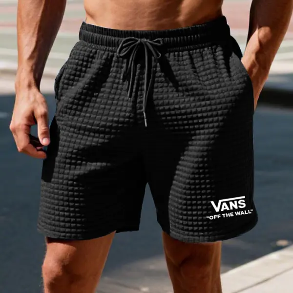 Men's Vintage Plaid Quilted Waffle Surfing Elastic Drawstring Walkshort Black Shorts - Ootdyouth.com 