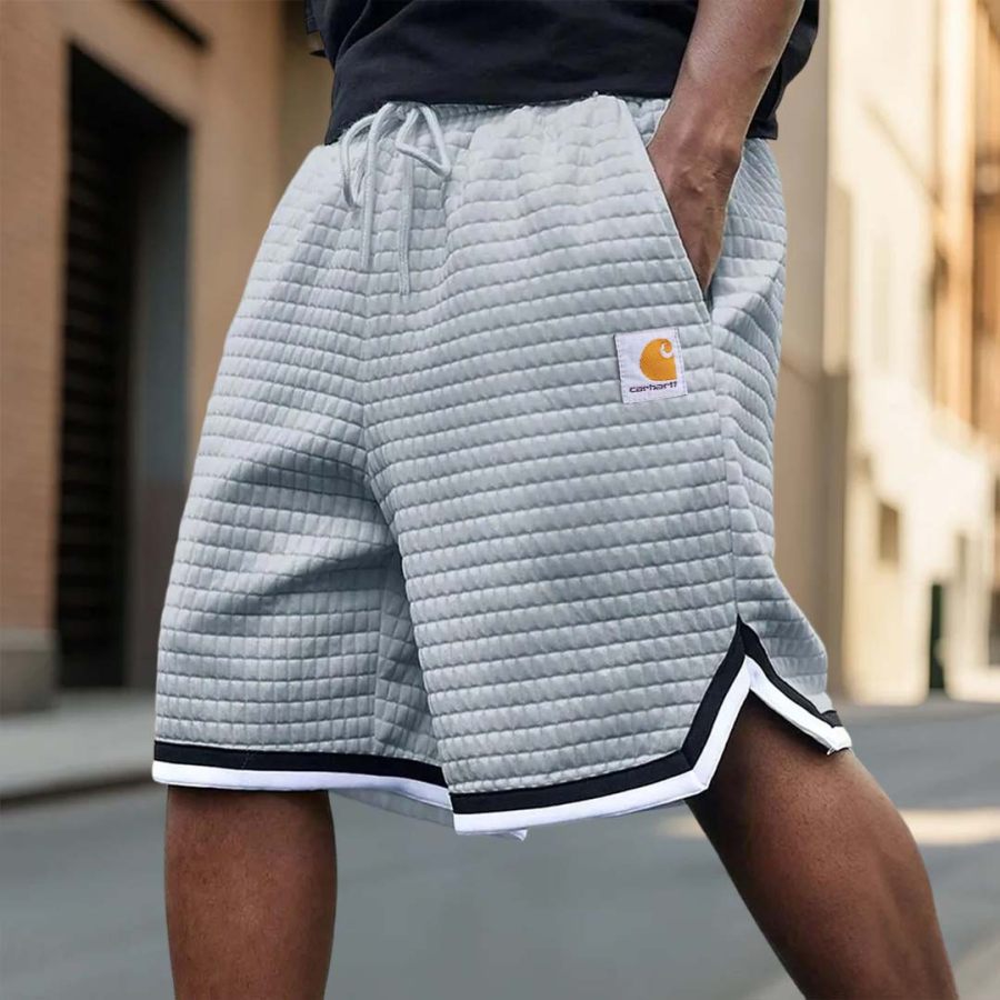 

Men's Vintage Plaid Quilted Waffle Surfing Elastic Drawstring Walkshort Light Gray Sport Shorts