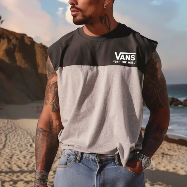 Men's Vintage Crew Neck Patchwork Sleeveless Tank Top - Ootdyouth.com 