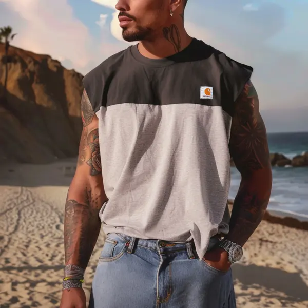Men's Vintage Crew Neck Patchwork Sleeveless Tank Top - Ootdyouth.com 