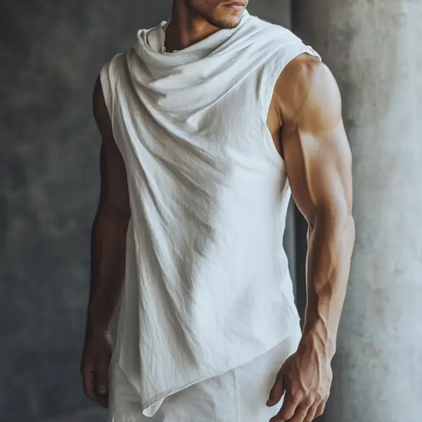Men's Cotton Basic Solid Color Vest Pile Collar Slim Fit Sleeveless T-shirt - Ootdyouth.com 