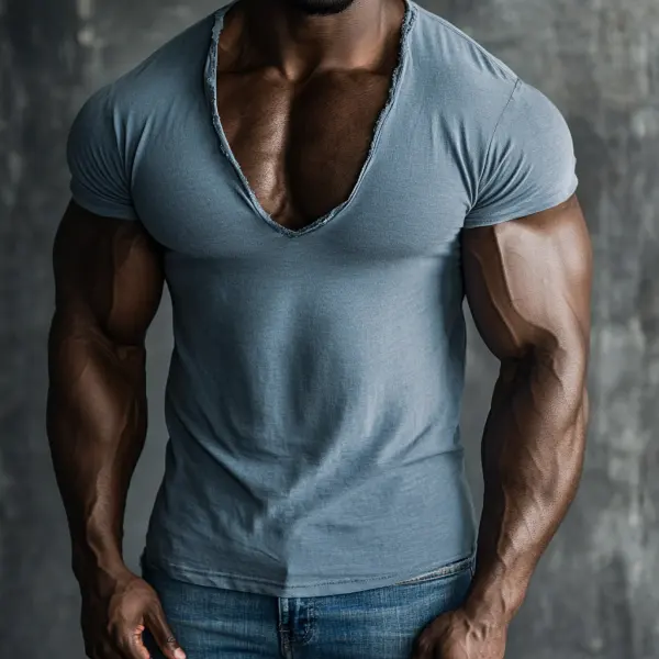 Men's Cotton Basic Solid Color T-shirt V-neck Slim Short Sleeve T-shirt - Ootdyouth.com 