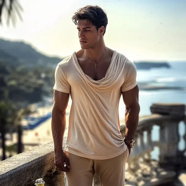 Men's Cotton Basic Solid Color T-shirt Pile Collar Slim Fit Short Sleeve T-shirt - Ootdyouth.com 