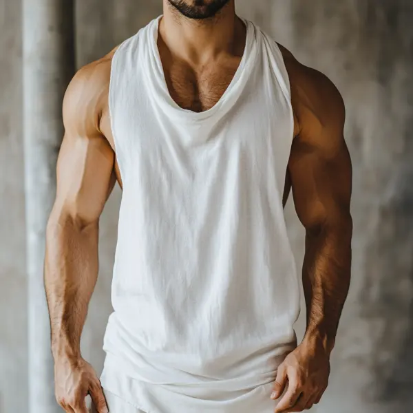 Men's Cotton Basic Solid Color Vest Pile Collar Slim Fit Sleeveless T-shirt - Ootdyouth.com 