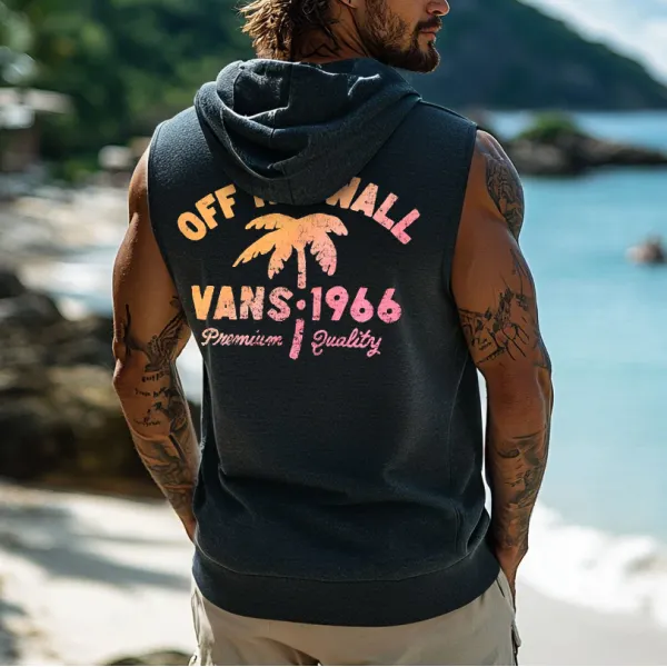 Men's Vintage Surf Off The Wall Palm Logo Graphic Hooded Tank Top - Ootdyouth.com 