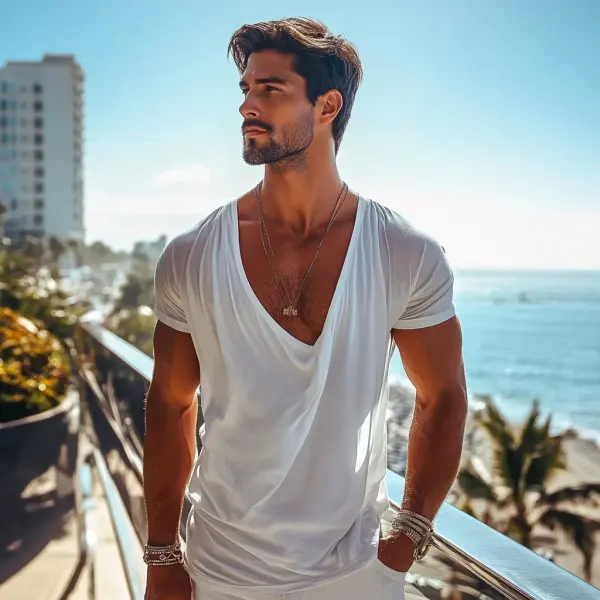 Men's Cotton Basic Solid Color T-shirt V-neck Slim Short Sleeve T-shirt - Ootdyouth.com 