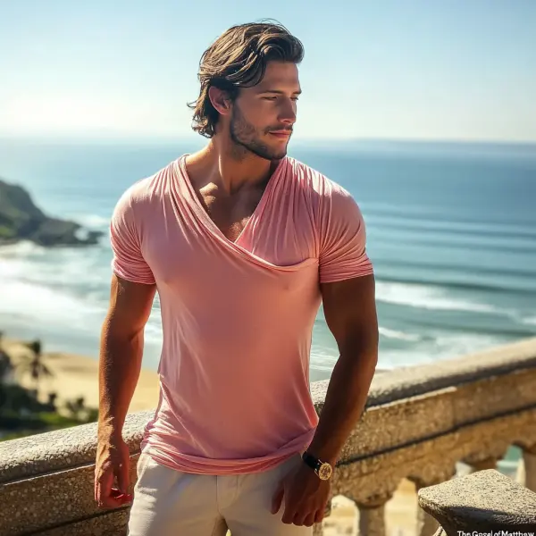 Men's Cotton Basic Solid Color T-shirt V-neck Slim Short Sleeve T-shirt - Ootdyouth.com 