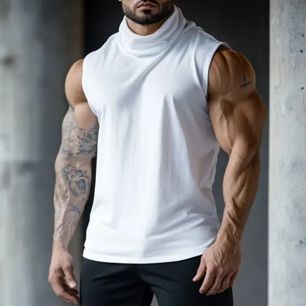 Men's Cotton Basic Solid Color Vest Pile Collar Slim Fit Sleeveless T-shirt - Ootdyouth.com 