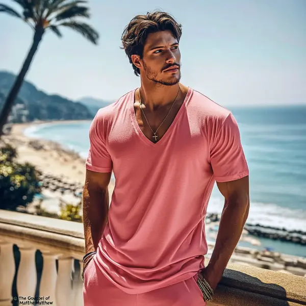 Men's Cotton Basic Solid Color T-shirt V-neck Slim Short Sleeve T-shirt - Ootdyouth.com 