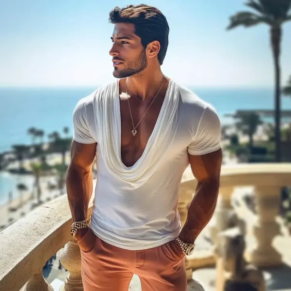 Men's Cotton Basic Solid Color T-shirt Pile Collar Slim Fit Short Sleeve T-shirt - Ootdyouth.com 