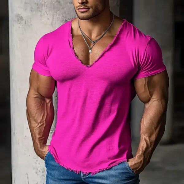 Men's Cotton Basic Solid Color T-shirt V-neck Slim Short Sleeve T-shirt - Ootdyouth.com 
