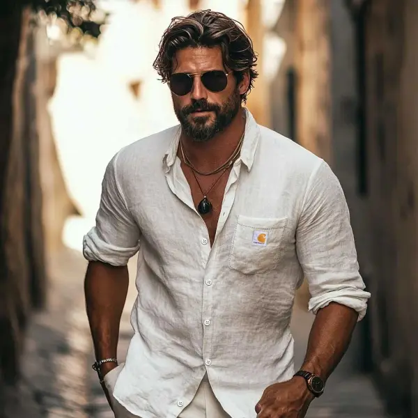 Men's Vintage Casual Linen Pocket Long Sleeve Lapel Shirt - Ootdyouth.com 