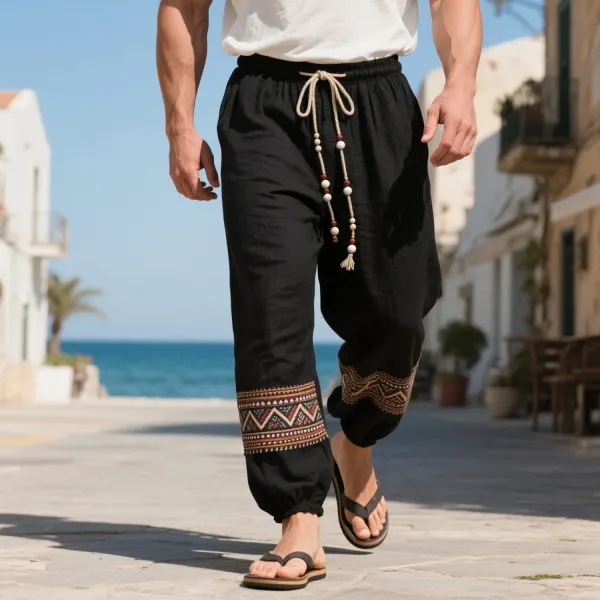 Loose And Comfortable Linen Elastic Waist Trousers Men's Ethnic Style Cotton And Linen Breathable Trousers - Ootdyouth.com 