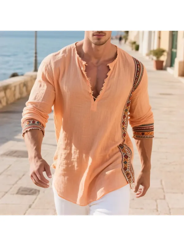 Loose And Comfortable Linen V-neck Long-sleeved T-shirt Shirt Men's Ethnic Style Cotton And Linen Breathable Top - Anrider.com 