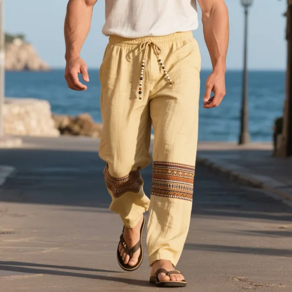 Loose And Comfortable Linen Elastic Waist Trousers Men's Ethnic Style Cotton And Linen Breathable Trousers - Ootdyouth.com 