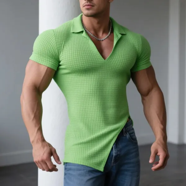 Men's Slim Fit Elastic Waffle V-Neck Lapel Short Sleeve T-Shirt Comfortable Casual Fitness Top - Ootdyouth.com 
