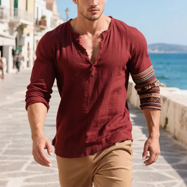 Loose And Comfortable Linen Henry V-neck Long-sleeved T-shirt Shirt Men's Ethnic Style Cotton And Linen Breathable Top - Ootdyouth.com 