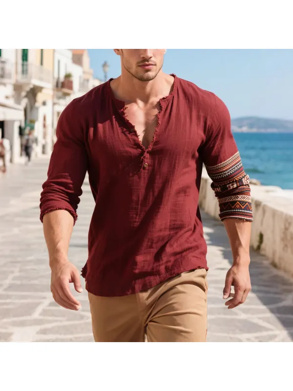 Loose And Comfortable Linen Henry V-neck Long-sleeved T-shirt Shirt Men's Ethnic Style Cotton And Linen Breathable Top - Anrider.com 