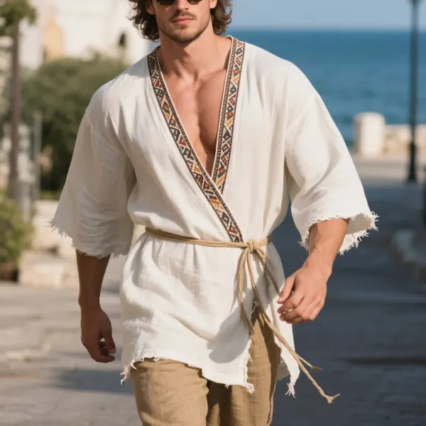 Loose And Comfortable Linen V-neck Long-sleeved T-shirt Shirt Men's Ethnic Style Cotton And Linen Breathable Top - Ootdyouth.com 