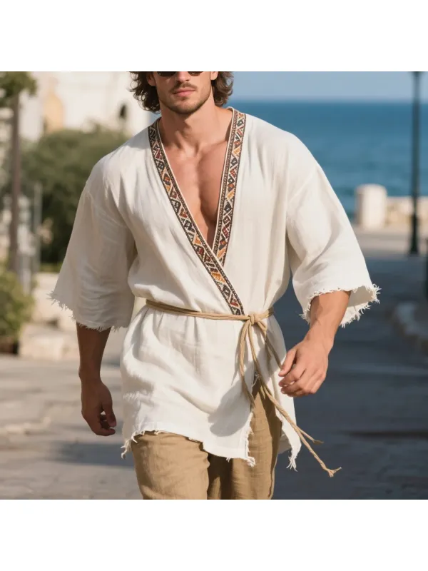 Loose And Comfortable Linen V-neck Long-sleeved T-shirt Shirt Men's Ethnic Style Cotton And Linen Breathable Top - Anrider.com 