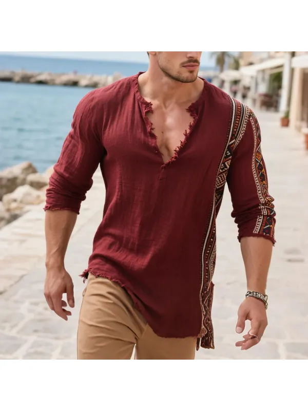 Loose And Comfortable Linen V-neck Long-sleeved T-shirt Shirt Men's Ethnic Style Cotton And Linen Breathable Top - Anrider.com 