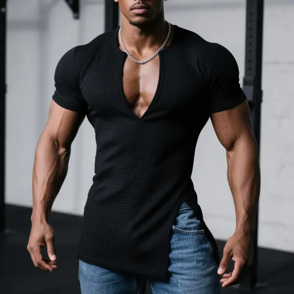 Men's Slim Fit Stretch Waffle V-Neck Short Sleeve T-Shirt Comfortable Casual Fitness Top - Ootdyouth.com 