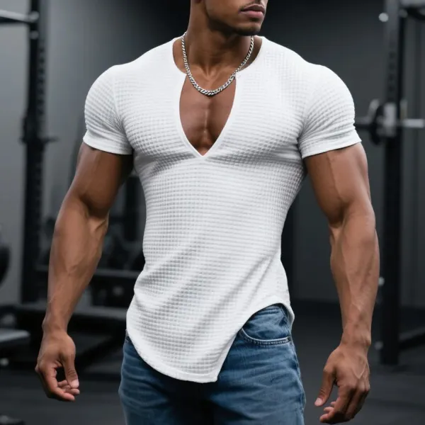 Men's Slim Fit Stretch Waffle V-Neck Short Sleeve T-Shirt Comfortable Casual Fitness Top - Ootdyouth.com 