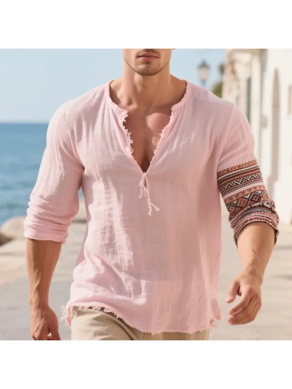 Loose And Comfortable Linen V-neck Long-sleeved T-shirt Shirt Men's Ethnic Style Cotton And Linen Breathable Top - Anrider.com 
