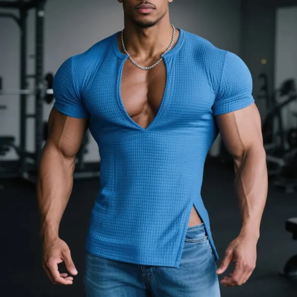 Men's Slim Fit Stretch Waffle V-Neck Short Sleeve T-Shirt Comfortable Casual Fitness Top - Ootdyouth.com 
