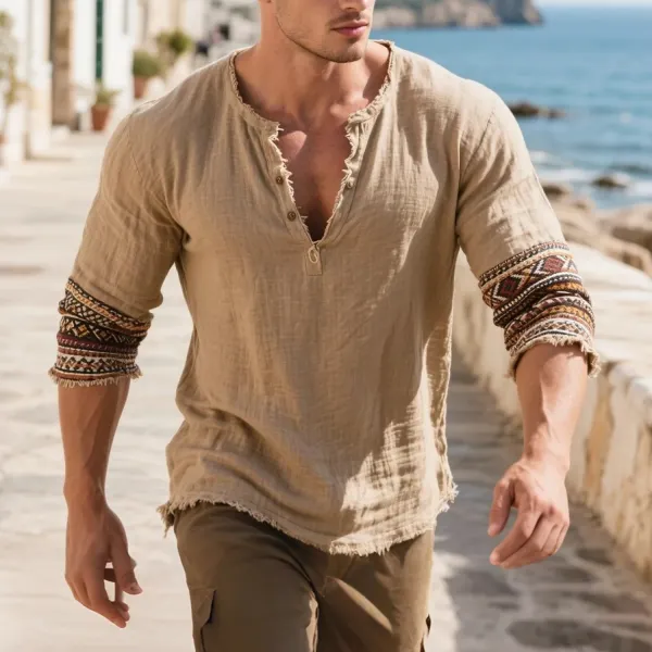 Loose And Comfortable Linen V-neck Long-sleeved T-shirt Shirt Men's Ethnic Style Cotton And Linen Breathable Top - Ootdyouth.com 