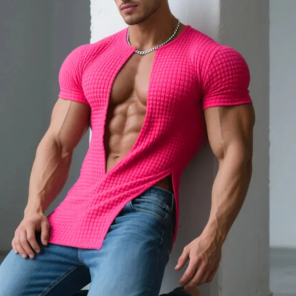Men's Slim Fit Elastic Waffle Short Sleeve T-Shirt Sexy Hollow Abdominal Muscle Top - Ootdyouth.com 