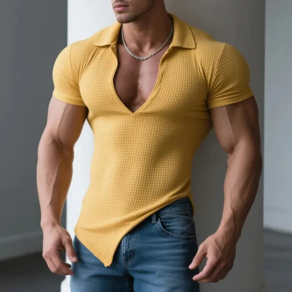 Men's Slim Fit Elastic Waffle V-Neck Lapel Short Sleeve T-Shirt Comfortable Casual Fitness Top - Ootdyouth.com 