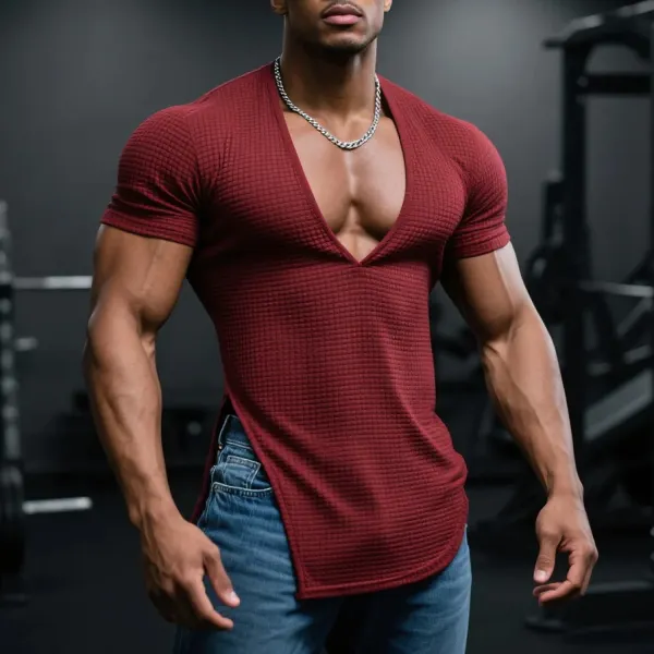 Men's Slim Fit Stretch Waffle V-Neck Short Sleeve T-Shirt Comfortable Casual Fitness Top - Ootdyouth.com 