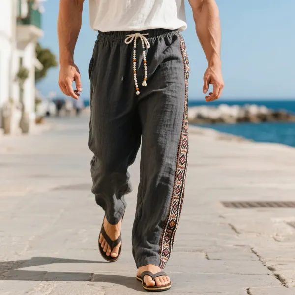 Loose And Comfortable Linen Elastic Waist Trousers Men's Ethnic Style Cotton And Linen Breathable Trousers - Ootdyouth.com 