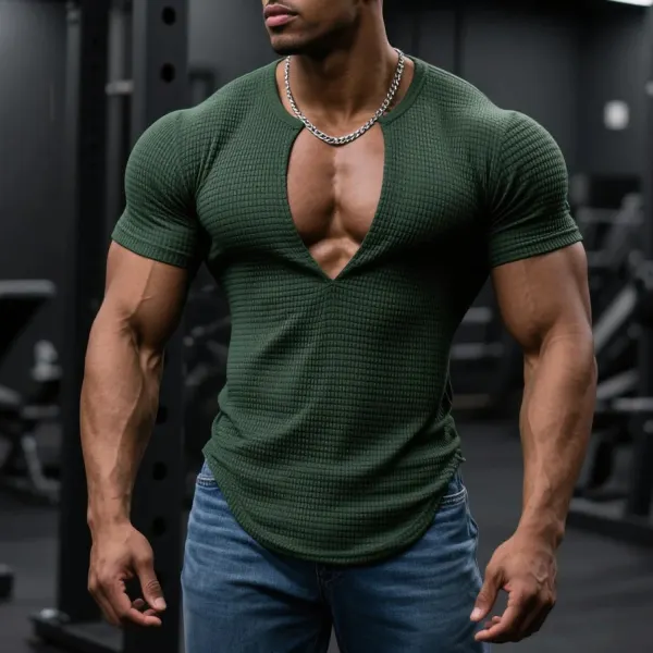 Men's Slim Fit Stretch Waffle V-Neck Short Sleeve T-Shirt Comfortable Casual Fitness Top - Ootdyouth.com 