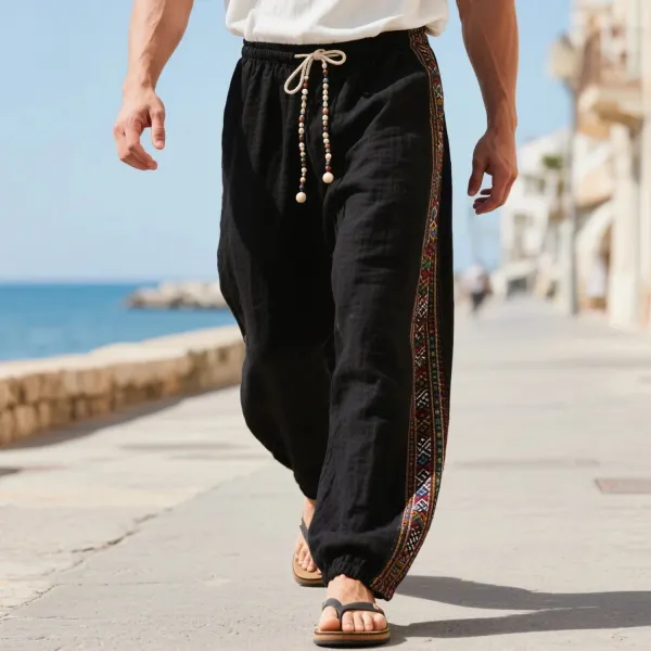 Loose And Comfortable Linen Elastic Waist Trousers Men's Ethnic Style Cotton And Linen Breathable Trousers - Ootdyouth.com 