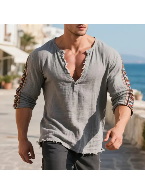 Loose And Comfortable Linen V-neck Long-sleeved T-shirt Shirt Men's Ethnic Style Cotton And Linen Breathable Top - Anrider.com 