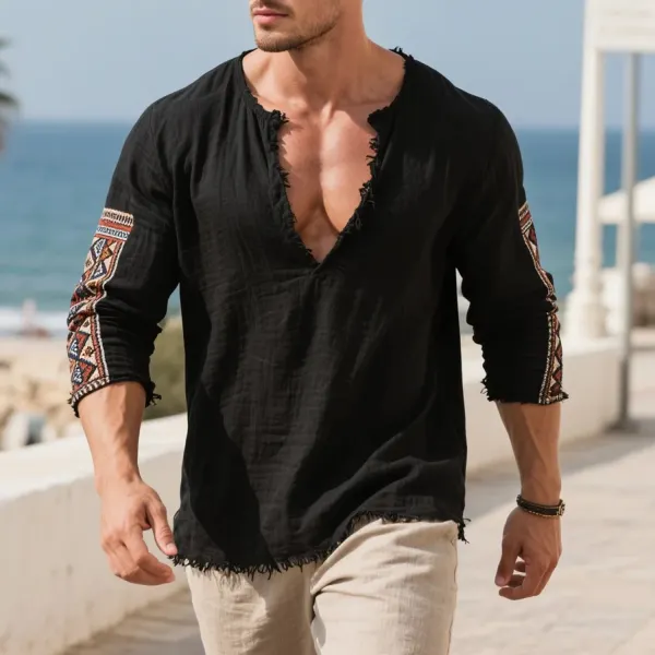 Loose And Comfortable Linen V-neck Long-sleeved T-shirt Shirt Men's Ethnic Style Cotton And Linen Breathable Top - Ootdyouth.com 