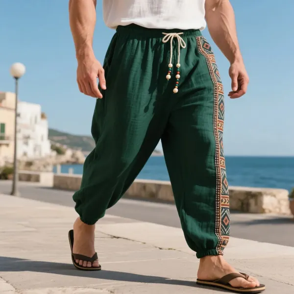 Loose And Comfortable Linen Elastic Waist Trousers Men's Ethnic Style Cotton And Linen Breathable Trousers - Ootdyouth.com 