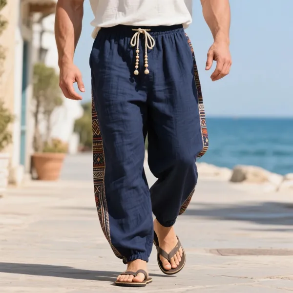 Loose And Comfortable Linen Elastic Waist Trousers Men's Ethnic Style Cotton And Linen Breathable Trousers - Ootdyouth.com 