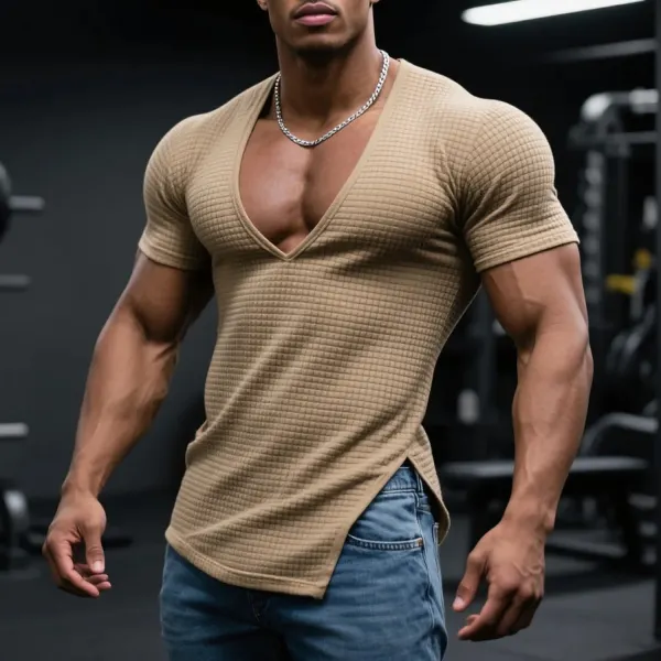 Men's Slim Fit Stretch Waffle V-Neck Short Sleeve T-Shirt Comfortable Casual Fitness Top - Ootdyouth.com 