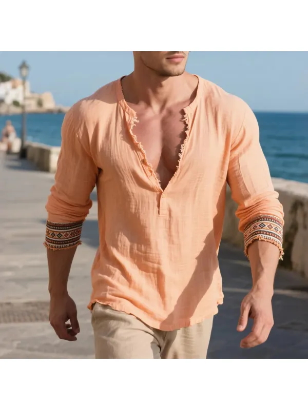 Loose And Comfortable Linen V-neck Long-sleeved T-shirt Shirt Men's Ethnic Style Cotton And Linen Breathable Top - Anrider.com 