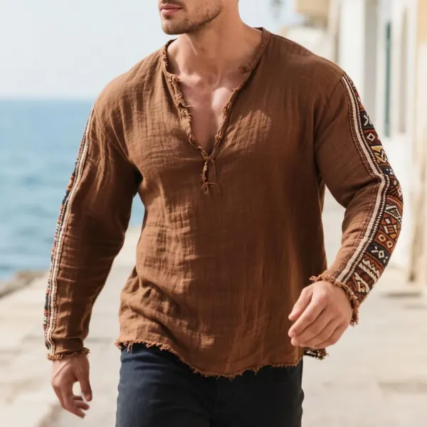 Loose And Comfortable Linen V-neck Long-sleeved T-shirt Shirt Men's Ethnic Style Cotton And Linen Breathable Top - Ootdyouth.com 