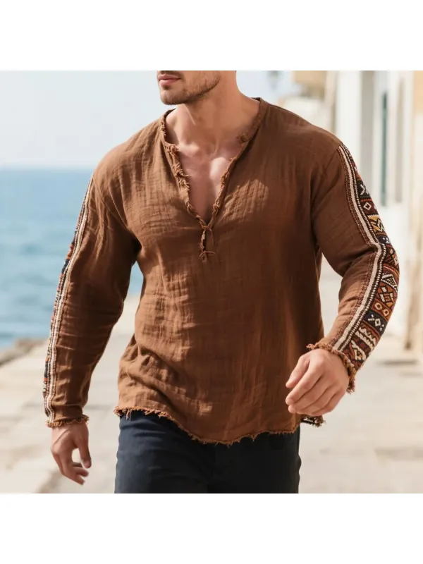 Loose And Comfortable Linen V-neck Long-sleeved T-shirt Shirt Men's Ethnic Style Cotton And Linen Breathable Top - Anrider.com 
