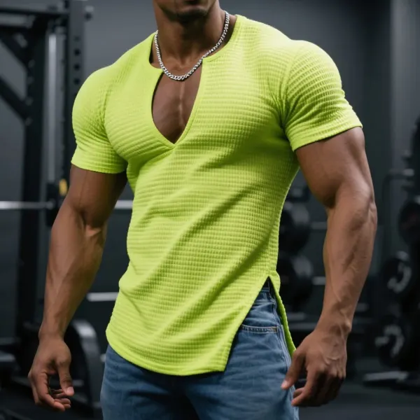 Men's Slim Fit Stretch Waffle V-Neck Short Sleeve T-Shirt Comfortable Casual Fitness Top - Ootdyouth.com 