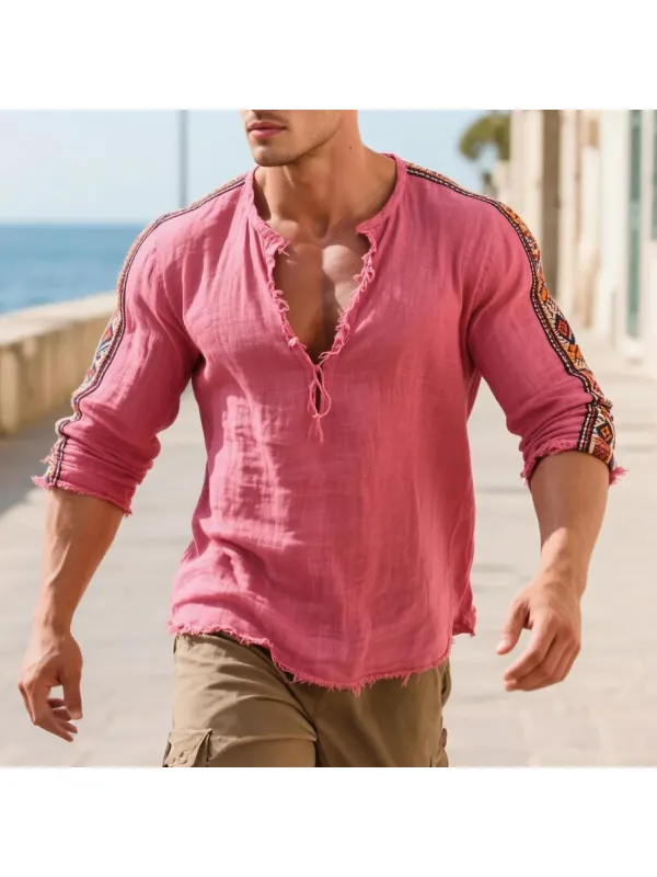 Loose And Comfortable Linen V-neck Long-sleeved T-shirt Shirt Men's Ethnic Style Cotton And Linen Breathable Top - Anrider.com 