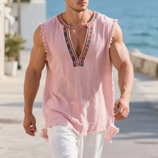 Men's Loose And Comfortable Cotton And Linen V-neck Sleeveless T-shirt National Style Casual Breathable Daily Basic Ves - Ootdyouth.com 