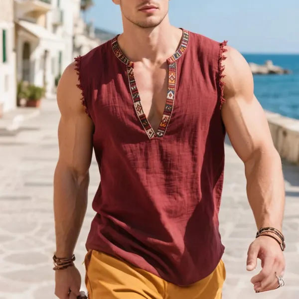 Men's Loose And Comfortable Cotton And Linen V-neck Sleeveless T-shirt National Style Casual Breathable Daily Basic Ves - Ootdyouth.com 