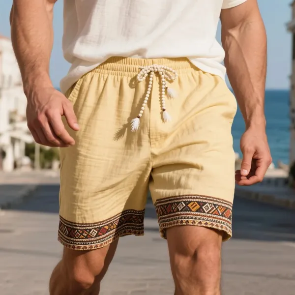 Men's Loose And Comfortable Elastic Waist Cotton And Linen Shorts Ethnic Style Casual Breathable Daily Basic Shorts - Ootdyouth.com 