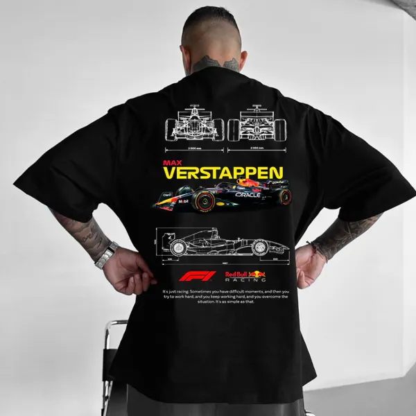 Men's Black Loose Casual Racing Style Short-sleeved T-shirt - Ootdyouth.com 